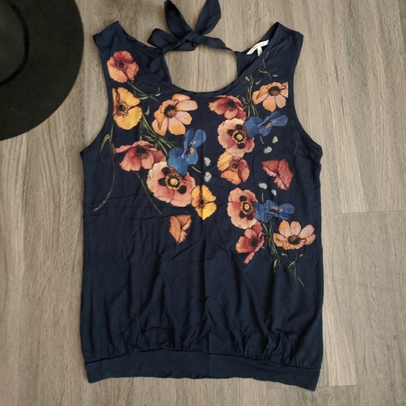 Massimo Dutti Navy Floral Tie Back Blouse Large - Picture 1 of 10